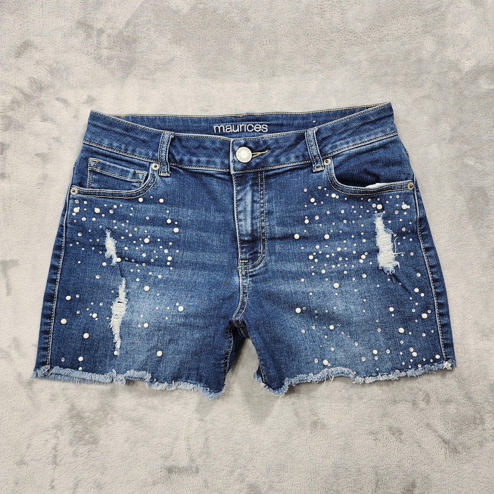 Maurices Shorts Womens 5/6 SHORT Blue Pearl Rhinestone Studded Distressed Cutoff